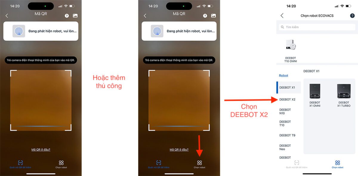 Quét mã hoặc thêm thủ công robot hút bụi X2 OMNI