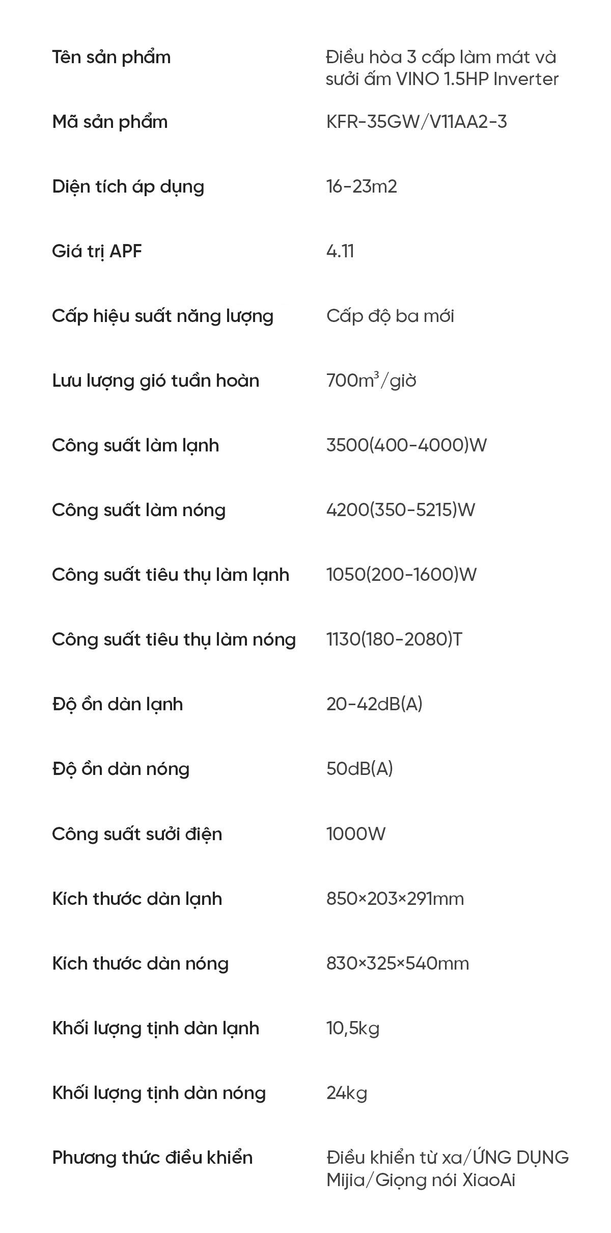Điều hòa 2 chiều thông minh Xiaomi Vino 1.5HP tiết kiệm điện cấp 3 KFR-35GW/V11AA2-3